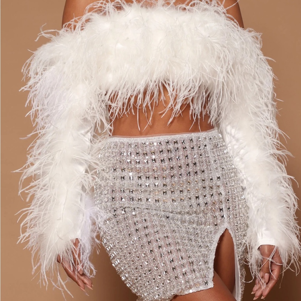 Feather rhinestone skirt set